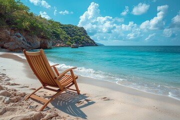 A single wooden beach chair faces the tranquil blue sea on a pristine sandy beach with lush green cliff in the background