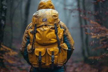 A close-up of a bright yellow backpack soaked in rain and enveloped by the vibrant hues of autumn foliage - obrazy, fototapety, plakaty
