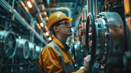 An attentive engineer with a safety helmet is fine-tuning industrial machinery in a plant, representing precision and skill in manufacturing. - obrazy, fototapety, plakaty