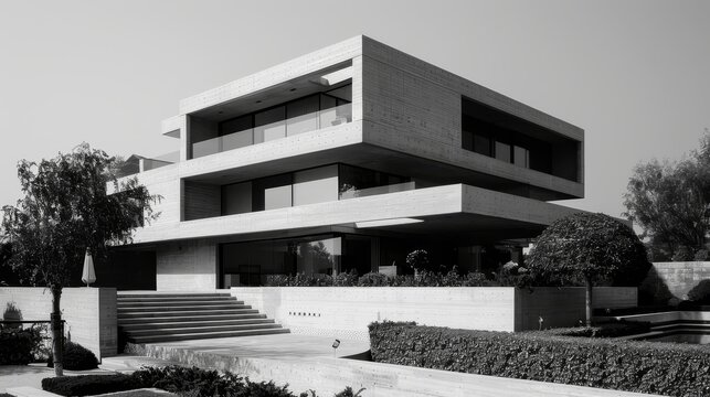 A black and white photo of a contemporary luxury house with striking geometric architecture and landscaped surroundings.