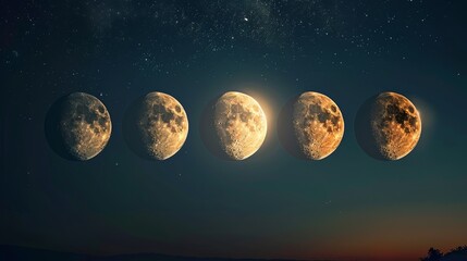 The majestic phases of the moon transition from shadow to a golden glow against the backdrop of a starlit night sky.