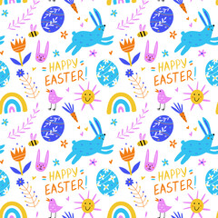 Seamless pattern with cartoon Easter elements on white background. Modern flat cute background. Vector illustration