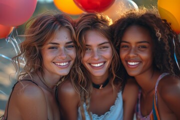 Three joyful female friends with vibrant balloons smiling and embracing, showcasing friendship and happiness