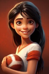 Cartoon girl American football player, women's sport, with ball in hands, avatar, character, isolated background
