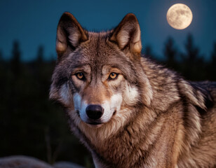 Fototapeta premium A wolf in the forest on a full moon night, dark blue sky. Close up.
