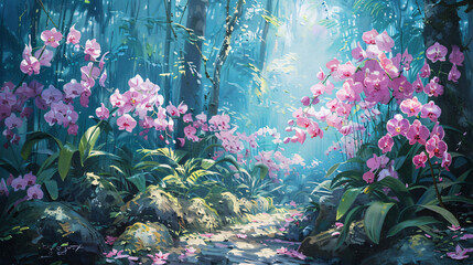 Ethereal painting of pink orchids blooming in a sunlit forest.
