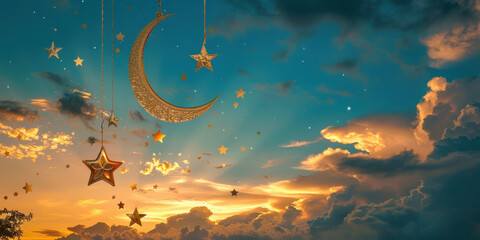 Crescent moon and stars shining in the golden sky at sunset with clouds in the background - obrazy, fototapety, plakaty