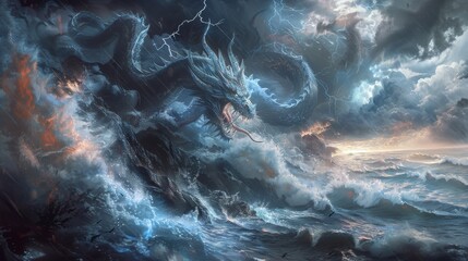 Design an image of a ferocious dragon battling against a fierce storm atop a cliff overlooking a tumultuous sea.  - obrazy, fototapety, plakaty