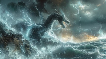 Design an image of a ferocious dragon battling against a fierce storm atop a cliff overlooking a tumultuous sea. 