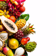 Naklejka na ściany i meble A vibrant array of tropical fruits with a papaya cut open in front.