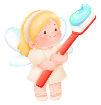 Cute Watercolor Tooth Fairy with toothbrush