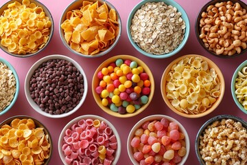 Rows of vibrant snacks and cereals including gummies, chips, and more on a pink surface