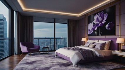 Elegant High-Rise Corner Bedroom in Luxurious Purple Hues