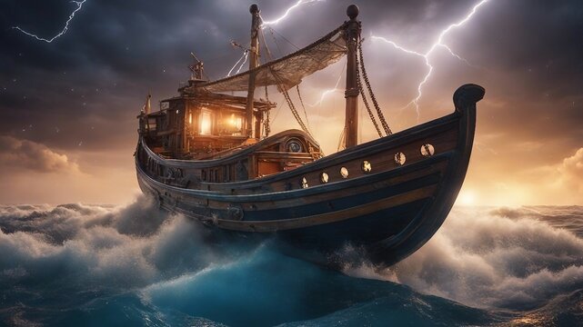 ship in the sea highly intricately detailed photograph of   Wooden boat in a stormy sea   