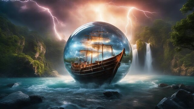 landscape with lightning highly intricately detailed photograph of  During a heavy storm with rain a fishing boat    inside a crystal ball