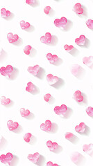 Multiple pink hearts scattered across a white background