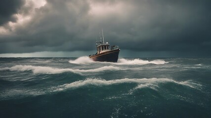 ship in the sea During a heavy storm with rain, a fishing boat comes back from the sea.  - obrazy, fototapety, plakaty