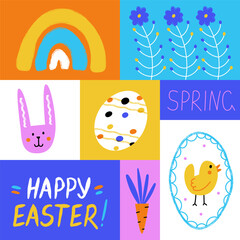 Vector modern illustration. Happy Easter poster with doodle lettering, cute bunny and easter egg in squares. 
