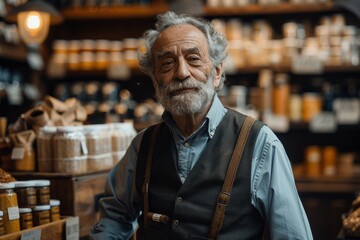 Portrait of a senior shopkeeper with a warm smile, vest, and suspenders in a marketplace - obrazy, fototapety, plakaty