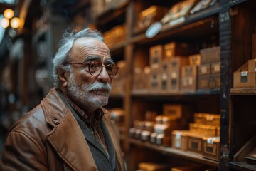 Serious elderly man with spectacles and beard wearing a leather jacket in a shop
