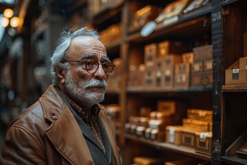 Obraz premium Serious elderly man with spectacles and beard wearing a leather jacket in a shop