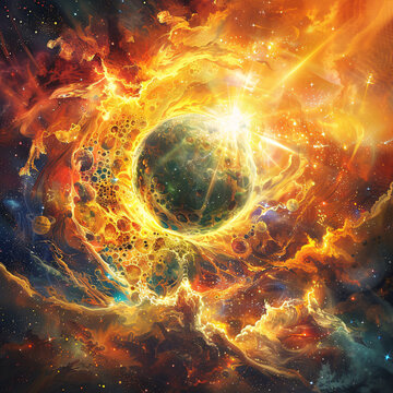 A vibrant cosmic explosion surrounds a planet, showcasing a dance of colors and energy.