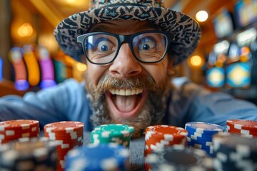 An image of a poker player at a casino table, concentrating on the game with chips and cards visible - obrazy, fototapety, plakaty