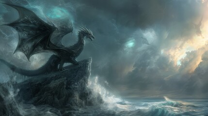 Dragon with an enigmatic aura. The dragon is perched atop a towering cliff overlooking a stormy sea - obrazy, fototapety, plakaty