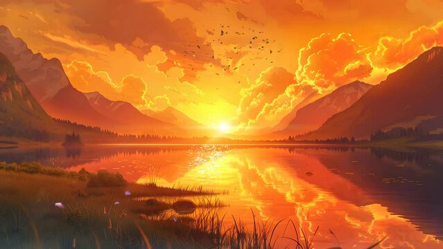 Majestic Sunset Illuminating Mountain Lake, Creating a Spectacular Natural Display. Seamless Looping 4k Video Animation