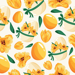 Easter seamless pattern with colored yellow eggs, yellow tulip buds and green leaves on pale yellow canvas, for posters, banners or holiday cards