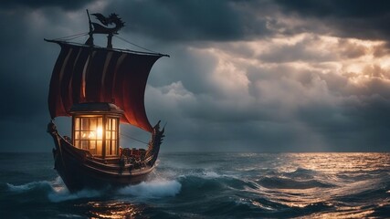 ship in the sea _A magical boat sailing on a stormy sea, with a glowing lantern   - obrazy, fototapety, plakaty