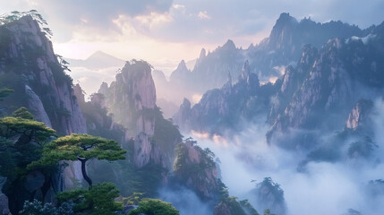 Misty mountains, towering trees, ethereal sunrise create a serene landscape.
