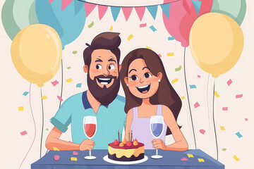 cute cheerful couple celebrating their wedding anniversary party