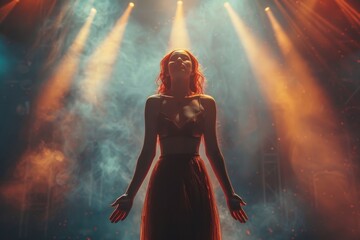 A female figure stands center stage with beams of light and haze for a dramatic effect This...