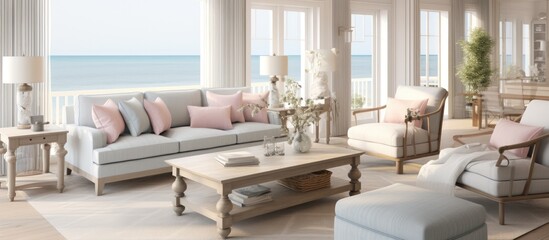 A comfortable living room in a beachfront house, filled with wooden furniture including a table, chairs, and a couch, with a view of the ocean