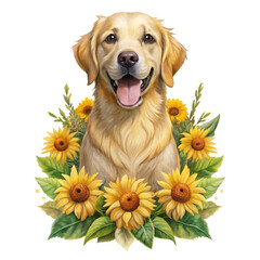 "Whimsical Happy labrador Dog Among Sunflowers 
