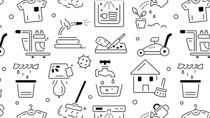 A seamless pattern showcasing numerous housekeeping and cleaning supplies 