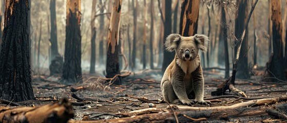 Aftermath of Resilience, A lone koala sits amidst the charred remains of its habitat following a wildfire, symbolizing the stark reality of natural destruction and the resilience of wildlife in the fa - obrazy, fototapety, plakaty