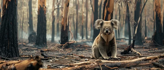 Keuken spatwand met foto Aftermath of Resilience, A lone koala sits amidst the charred remains of its habitat following a wildfire, symbolizing the stark reality of natural destruction and the resilience of wildlife in the fa © auc