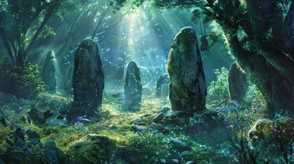 A secret grove where elemental spirits dance among ancient stones under the watchful eyes of fantasy creatures hidden in the foliage