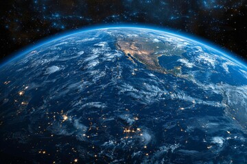 This breathtaking image showcases a nighttime view of Earth from space, highlighting the glowing...