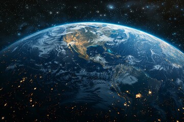 Fototapeta na wymiar This breathtaking image captures Nighttime Earth from space, showcasing the brilliant city lights and the natural glow of the atmosphere