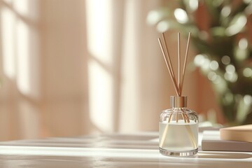 mockup diffuser bottle made of glass with sticks stay in living room, minimalist, copy space for text, beige color background. Concept aromatherapy and relaxing. Air freshener