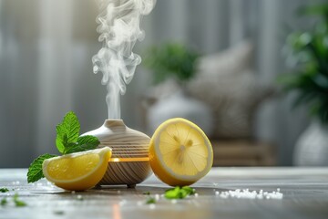 oil diffuser with lemon and mint nearby on the grey table, minimalism, copy space, living room interior background. Concept aromatherapy and relaxing. Air freshener