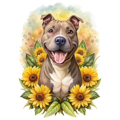 "Whimsical Happy pitbull Dog Among Sunflowers 