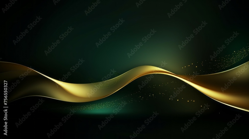 Poster horizontal abstract luxurious dark green background with golden curved smooth wavy lines for the pre