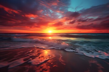 Sunset Serenity: A breathtaking sunset over a tranquil beach, casting warm hues across the sky and reflecting off the gentle waves.  