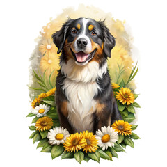 "Whimsical Happy bernese-mountain Dog Among Sunflowers 