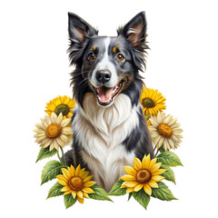 "Whimsical Happy Border Collie Dog Among Sunflowers 