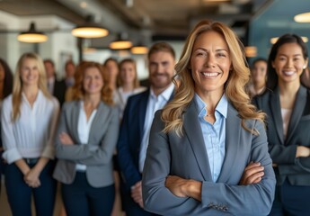 A whitecollar worker is smiling while standing in front of a group of business people, wearing a dress shirt and tie. She is making a gesture in her formal wear at a corporate event - obrazy, fototapety, plakaty